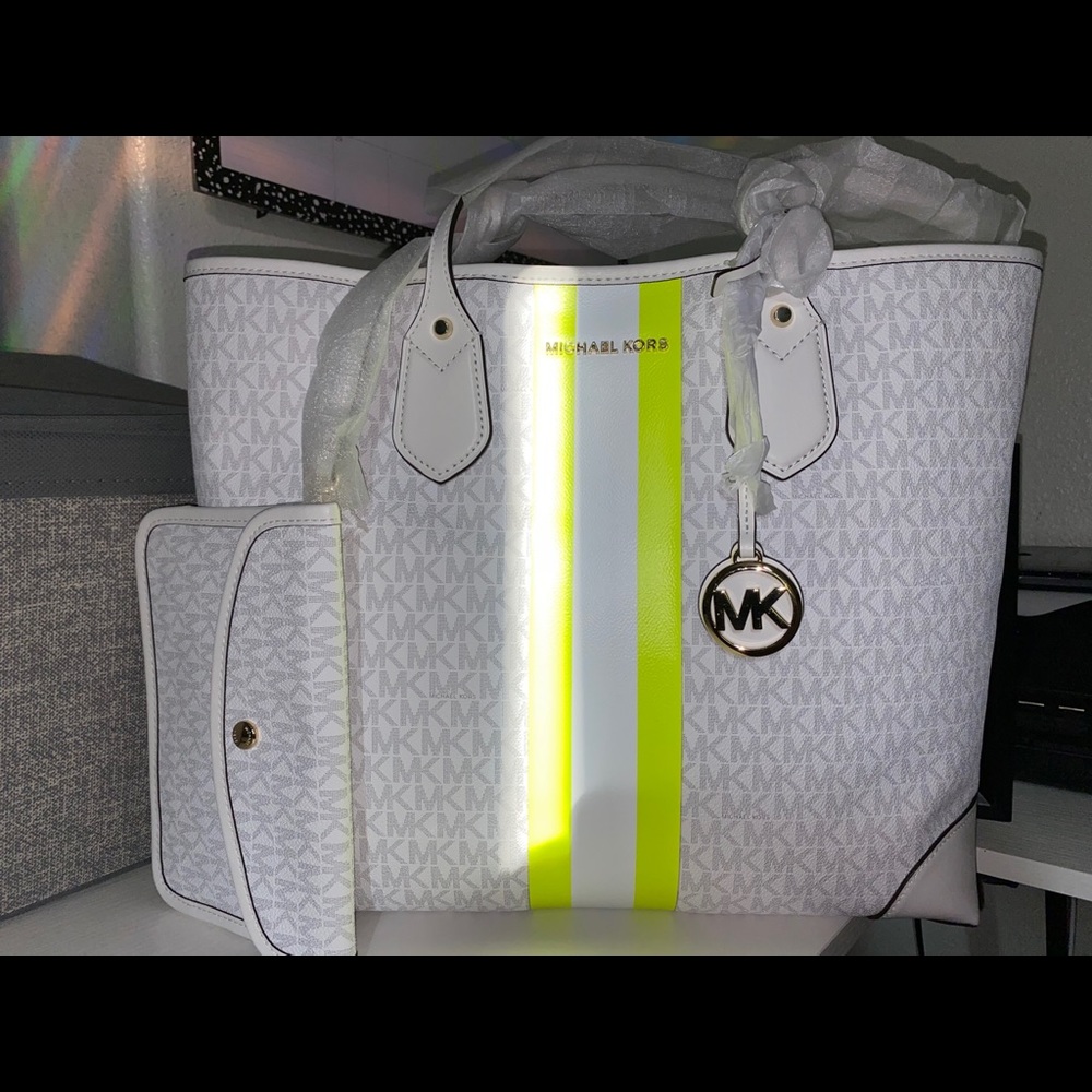 Michael Kors White Tote with Neon Yellow Center Stripe with matching wallet!